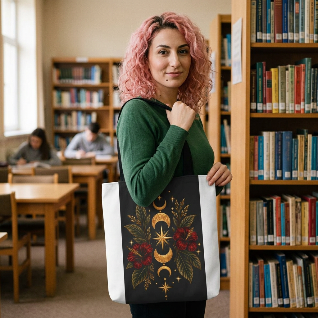 Moon Phase Floral Tote Bag Celestial Botanical Tote