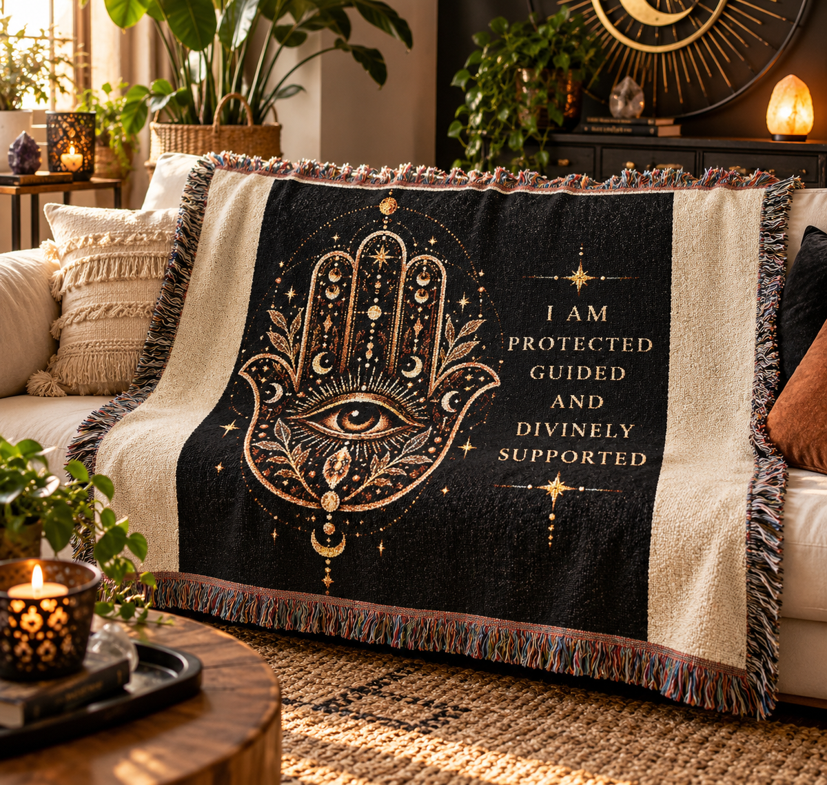 Hamsa Protection Woven Blanket – Spiritual Home Décor