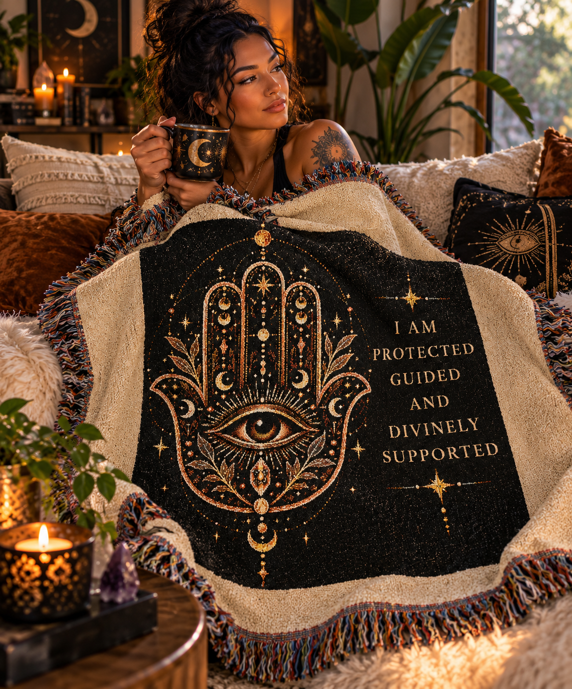 Hamsa Protection Woven Blanket – Spiritual Home Décor