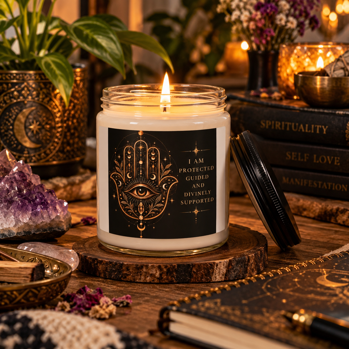 I Am Protected Guided and Divinely Supported Hamsa Soy Candle