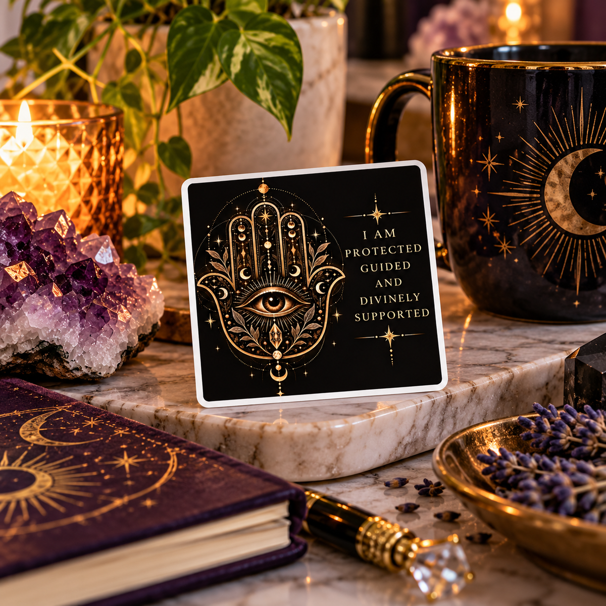 I Am Protected Guided and Divinely Supported Hamsa Hand Kiss-Cut Sticker